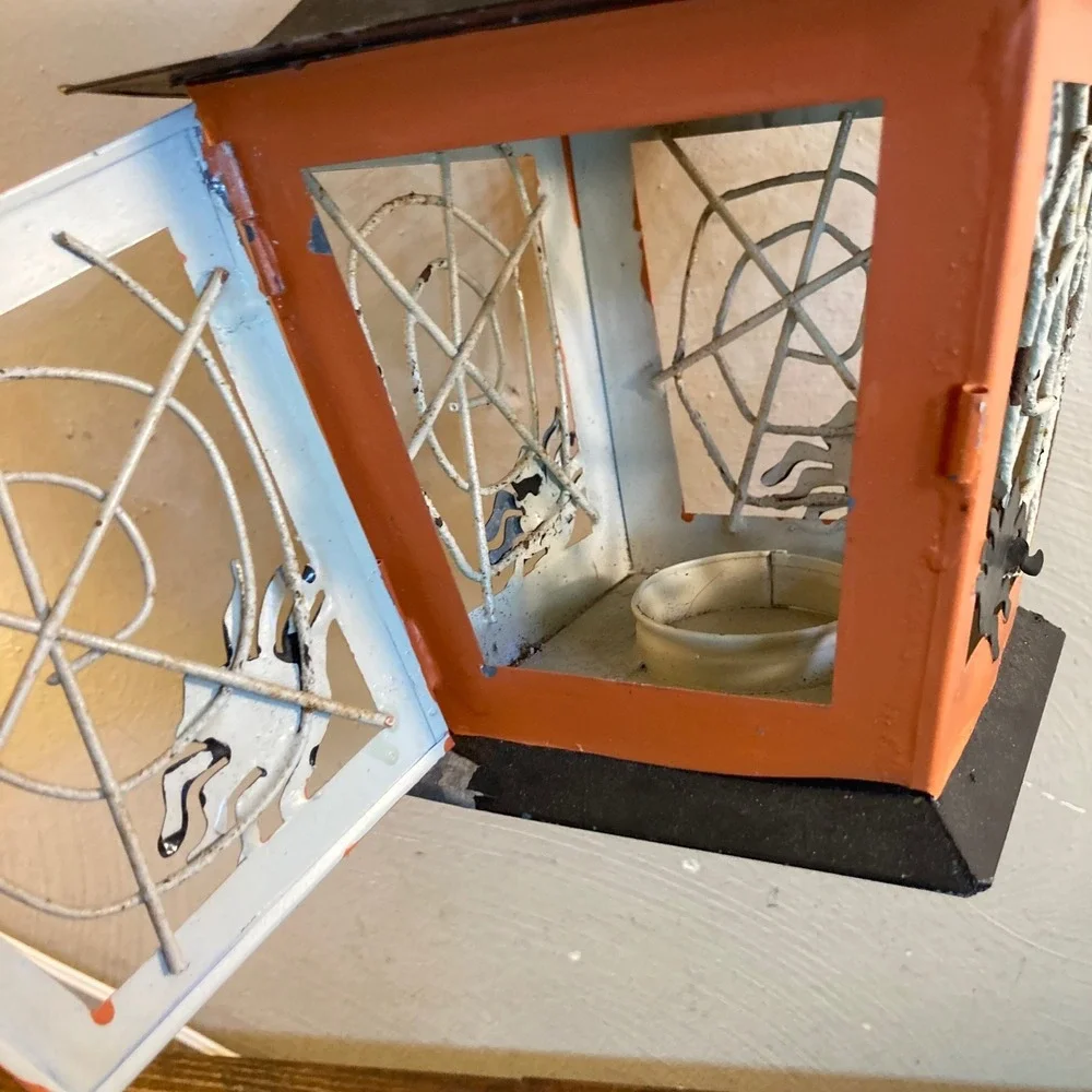 Halloween Hand Painted Metal Spiderweb Lantern Orange Black Tea Light Holder